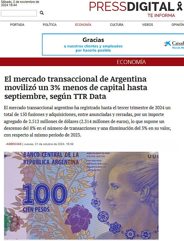 El mercado transaccional de Argentina moviliz un 3% menos de capital hasta septiembre, segn TTR Data